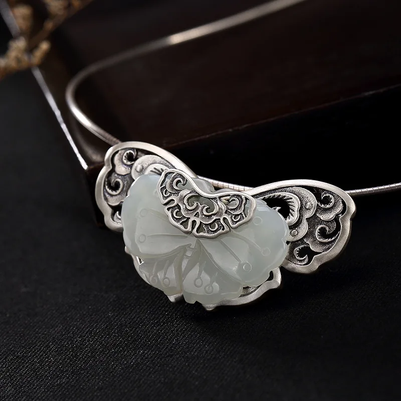 

silver inlaid hetian jade white jade butterfly restoring ancient ways women xiangyun wholesale high-grade brooch pendant