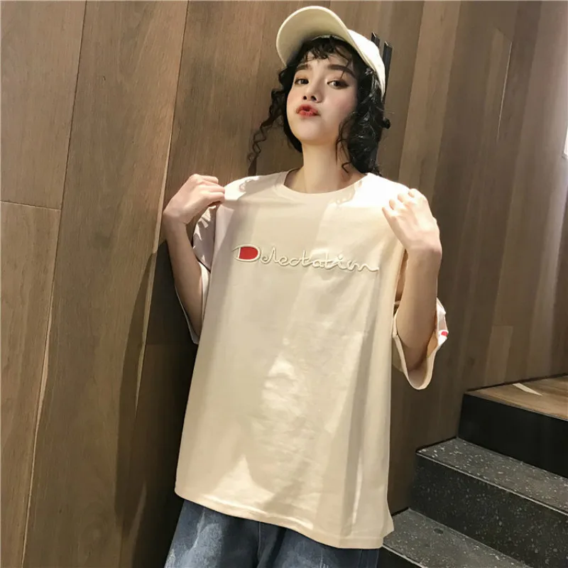 Ulzzang консервативный Стиль Письмо Вышивка Свободная Женская футболка одежда лето