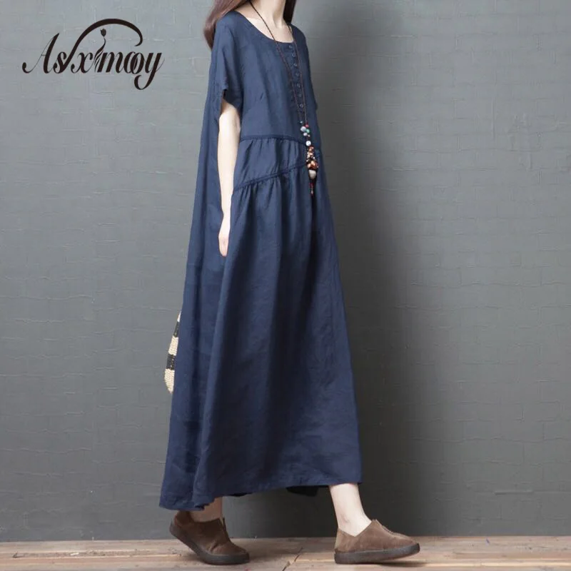 Летнее женское платье больших размеров винтажное хлопковое льняное длинное