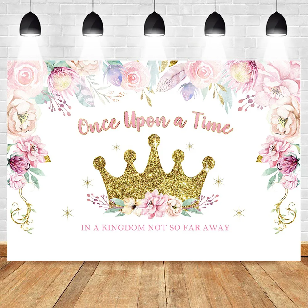 

Mehofoto Golden Shiny Crown Birthday Backdrop for Photography Fairy Tales Kingdom Colorful Flowers Background Prince Princess