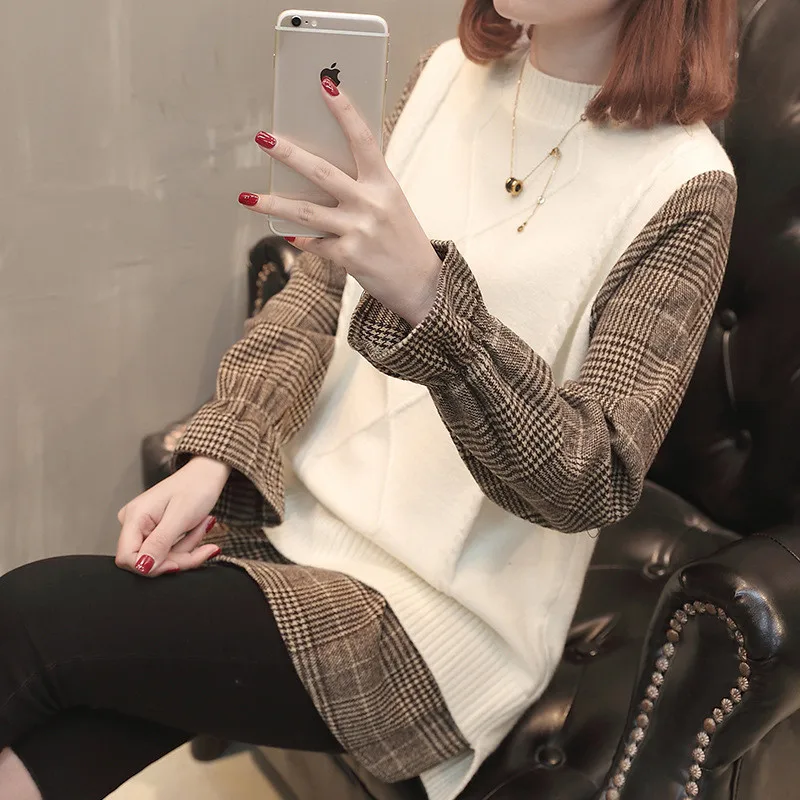 

New Plus Size Spring Autumn Women Sweater Casual Loose Fake Two Piece Plaid Sleeve Patchwork Knitted Sweater For Women Pullovers