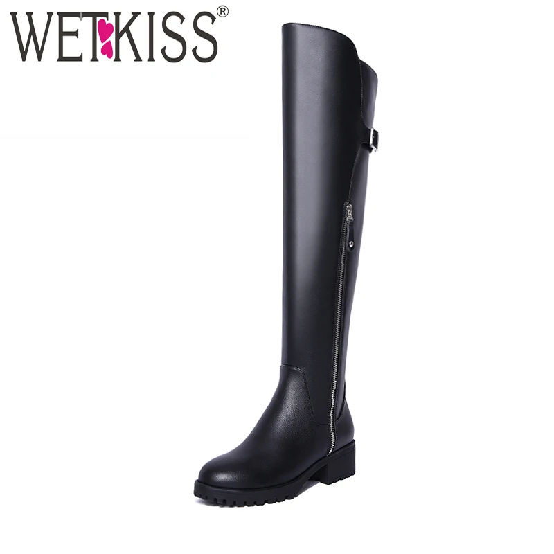 Женские ботфорты WETKISS зимние дизайнерские из натуральной кожи на квадратном