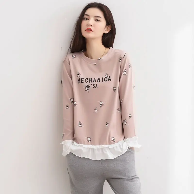 2019 Autumn Winter 100% Cotton Pajama Sets for Women Long Sleeve Lace Pyjama Girl Cute Cartoon Homewear Loungewear Home Clothing | Женская