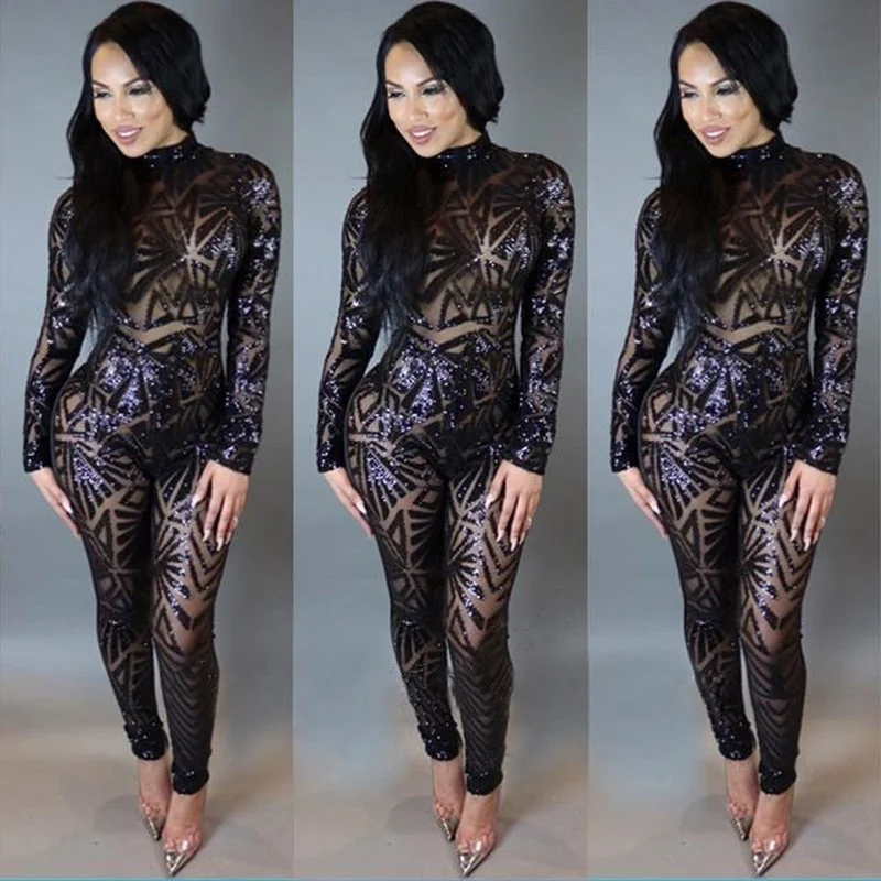 

U-SWEAR Black Sequin Jumpsuit Women Long Sleeve Sparkly Bodycon Jumpsuits Sexy Rompers Glitter Club Party Jumpsuits Overalls