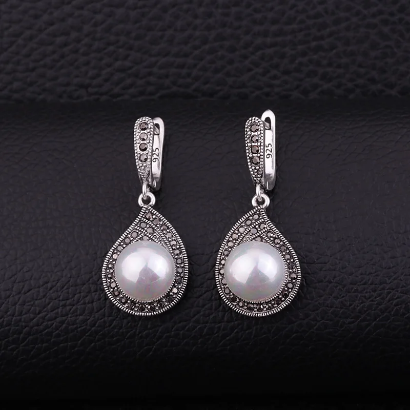 white Sellsets, винтажная Серебряная цветная слеза, серьги, проложенные полностью черные Cz Стразы и имитация жемчуга, висячие серьги для свадьбы - Окраска металла: white