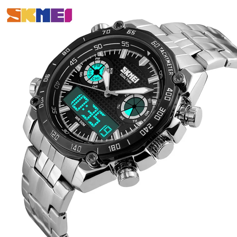 SKMEI Fashion Sports Watch Men 3Bar Waterproof Luxury Watches Stainless Steel Dual Display Wristwatches reloj hombre 1204