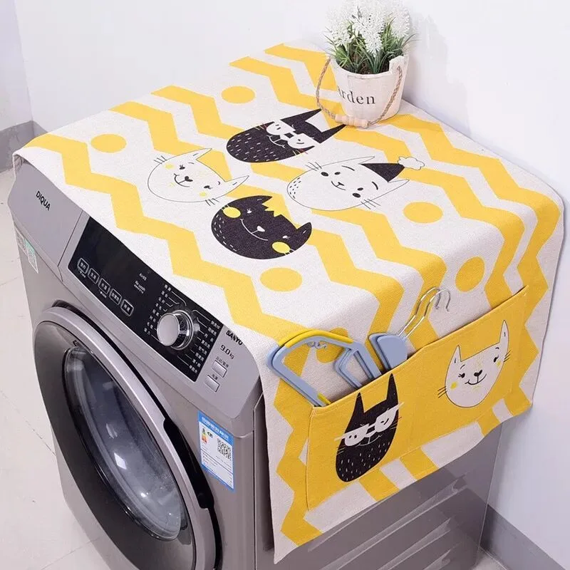 

XYZLS Dual-purpose Washing Machine Covers Cartoon Cats Printed Refrigerator Cotton Linen Dust Cover with Storage Bag 1Piece