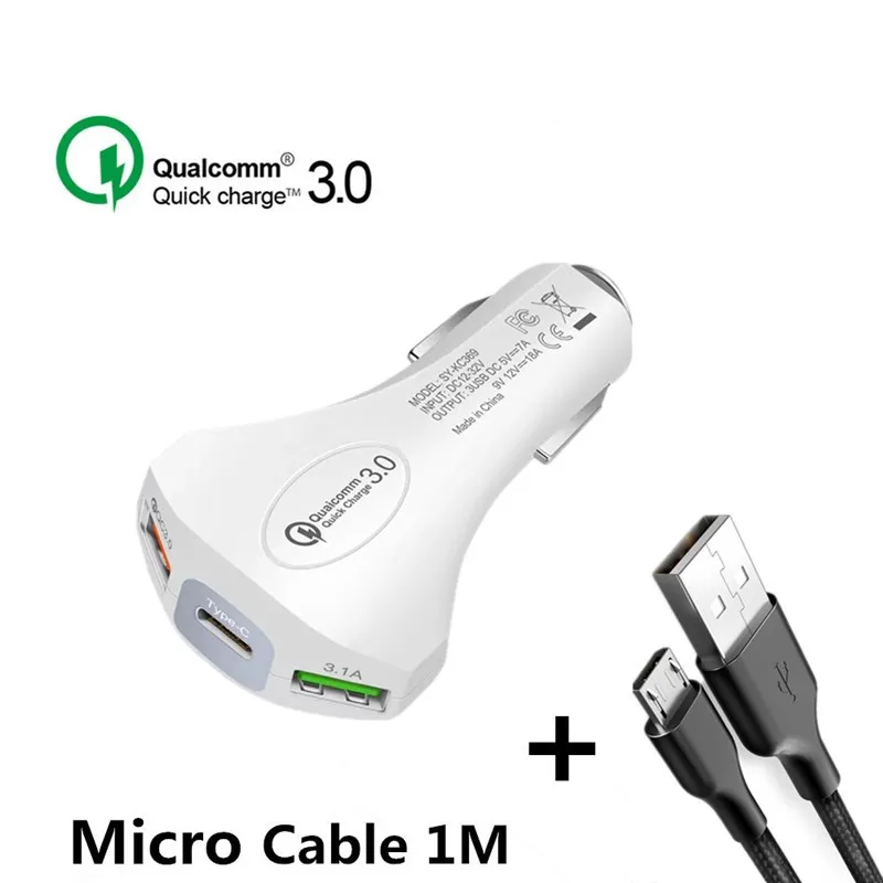 White Micro Cable Автомобильный USB Зарядное устройство Quick Charge 3,0 Мобильный телефон Зарядное устройство Тип с 2 портами(стандарт для быстрого автомобильного Зарядное устройство для Xiaomi iPhone samsung планшет автомобильный-Зарядное устройство - Тип штекера: White Micro Cable