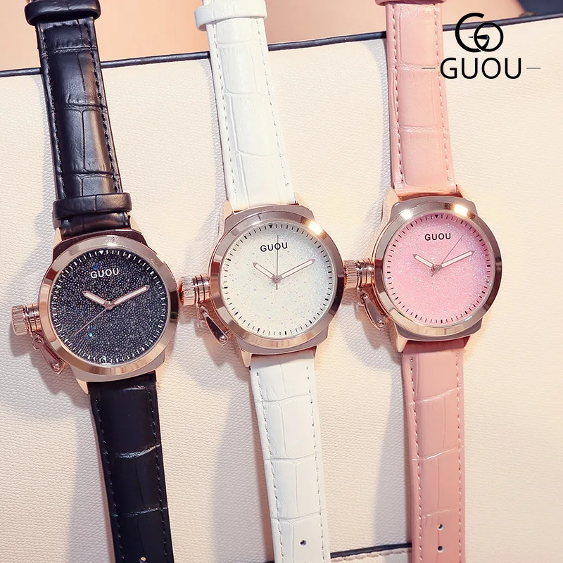 Простой стиль Гонконгский GUOU бренд из натуральной кожи кварцевые наручные часы