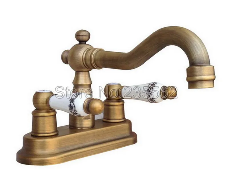 

Deck Mounted Bathroom Sink Wash Basin Water Tap Antique Brass Double Handle Dual Hole Sink Basin Mixer Tap Lnf327