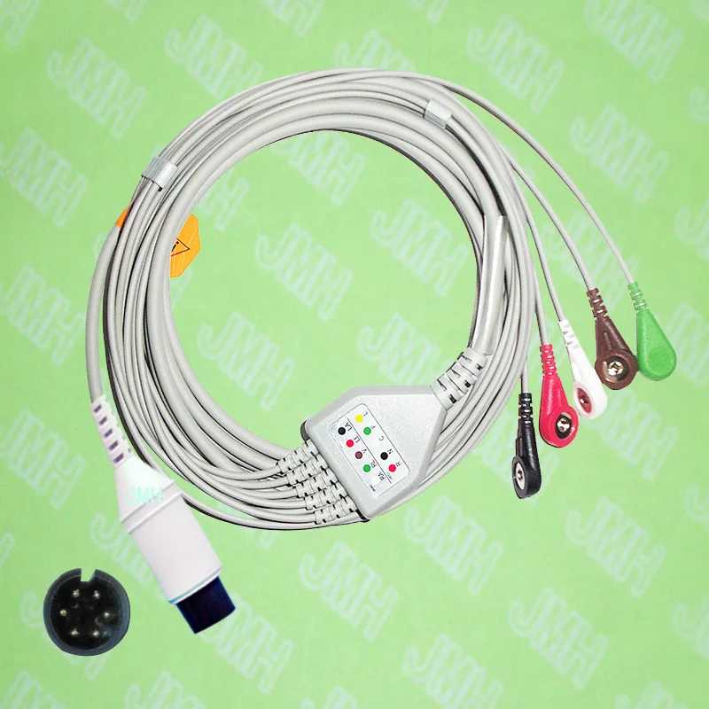 

Compatible with 6pin BCI,CSI,GE,Nellcor,Nihon Kohden and HP ECG Machine the one-piece 5 lead cable and snap leadwire,IEC or AHA.