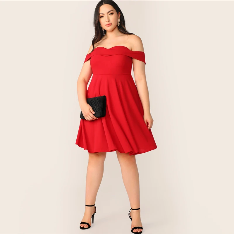SHEIN, платье трапециевидной формы с открытыми плечами размера плюс,, женское летнее элегантное милое однотонное платье с высокой талией