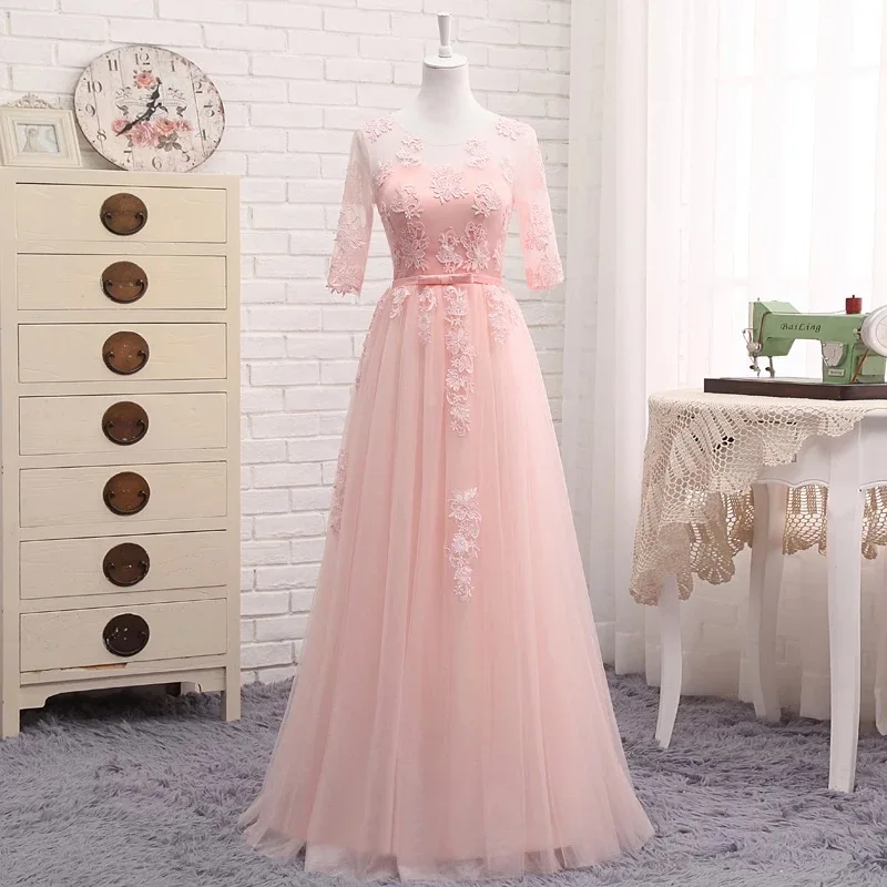 Light Pink Кружевное Тюлевое вечернее платье трапециевидной формы с коротким рукавом, новинка, фиолетовые, красные, розовые, серые вечерние платья, вечерние платья на выпускной, DR02T - Цвет: Light Pink