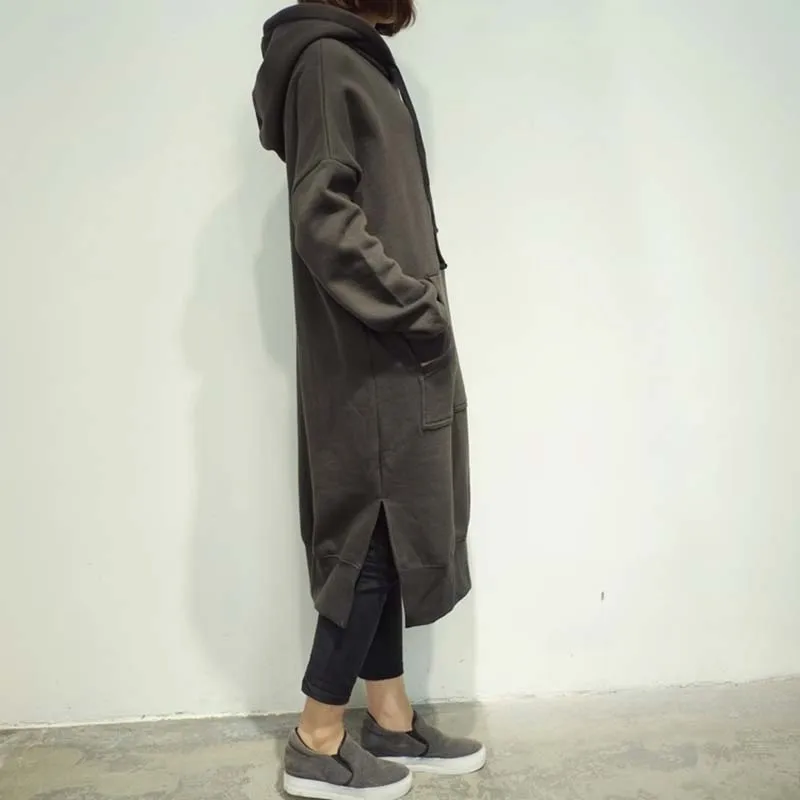 Женское зимнее платье с капюшоном теплое серое Хлопковое длинным рукавом зима 2020