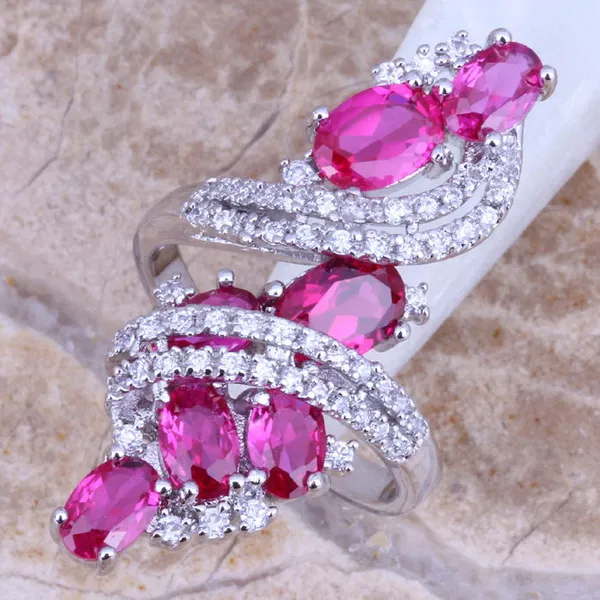 Невероятный Красный кубический цирконий Белый CZ посеребренное кольцо Размер 6 / 7