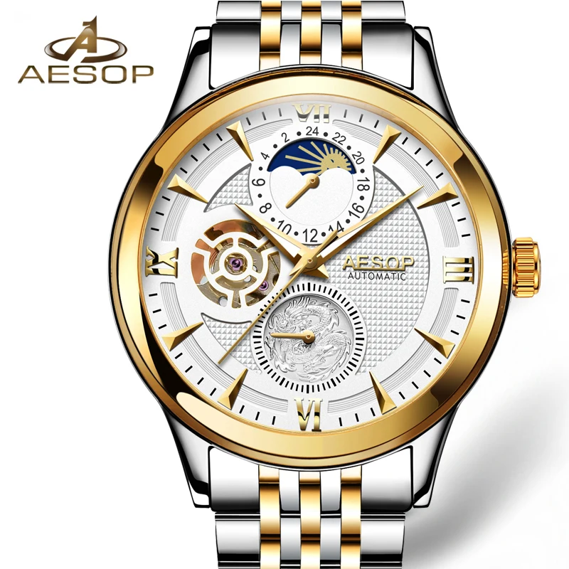 Часы AESOP Moon Phase Мужские автоматические механические модные золотые наручные часы