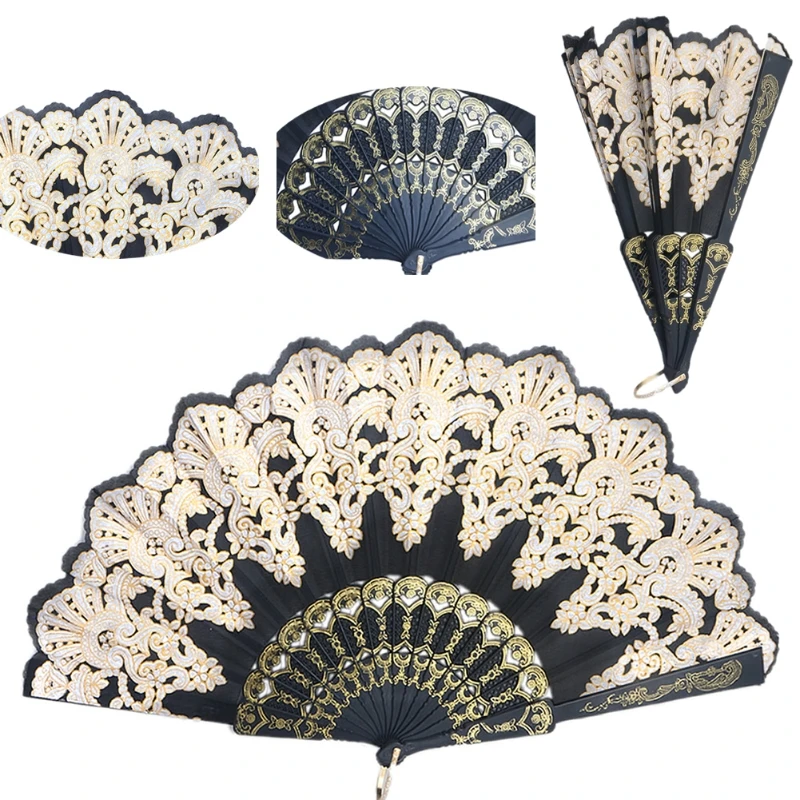 Black Spanish Style Dance Party Wedding Lace Silk Folding Hand Held Flower Fan | Дом и сад