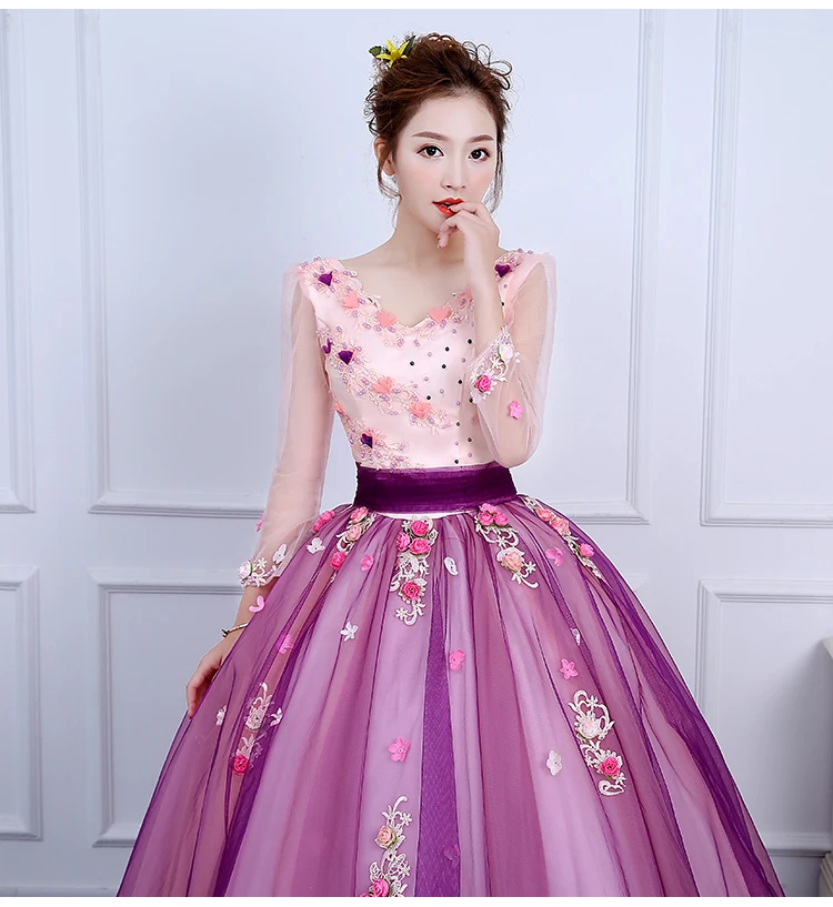 Vestido 15 quinceanera Дешевые Длинные рукава Бальные платья фиолетовые Бальные платья с открытой спиной с цветами из бисера милые 16 платья