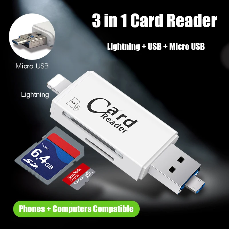 3 в 1 SD TF кардридер Lightning Micro USB 2 0 совместимый адаптер портативный для iPhone Samsung