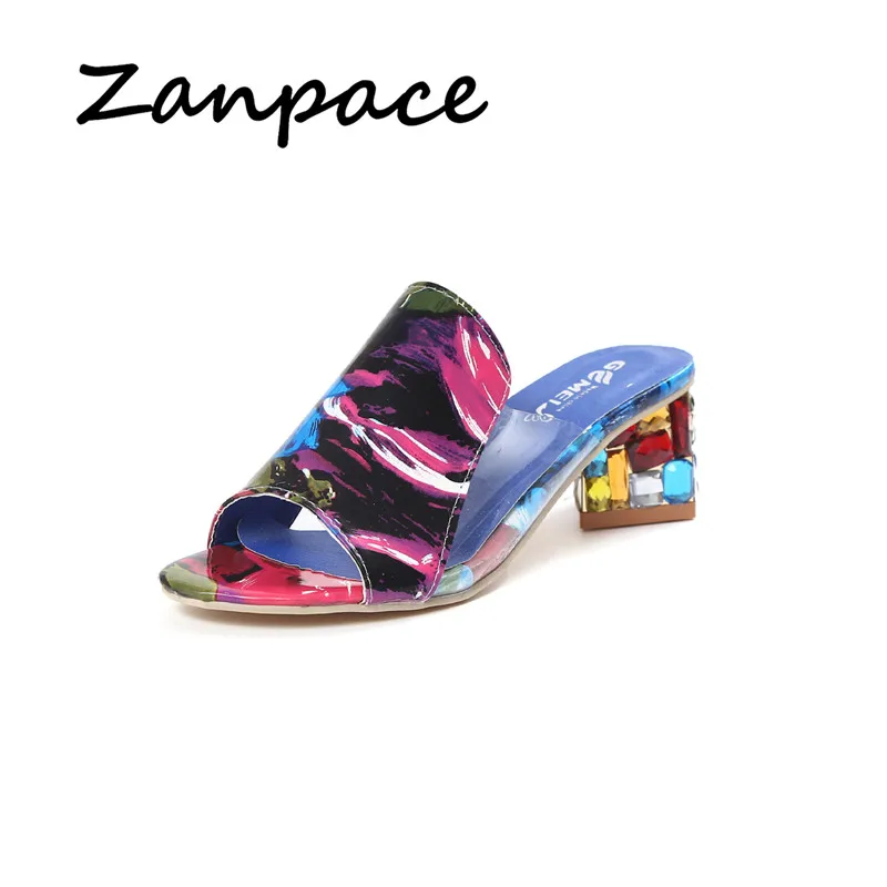 Тапки Zanpace женские на среднем каблуке модные шлепанцы с открытым носком сланцы