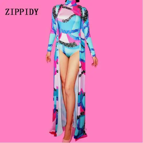 Female Singer Nightclub Crystals Costume Leotard Cape Women Fashion Rhinestones Bodysuit Long Coat Colorful Outfit