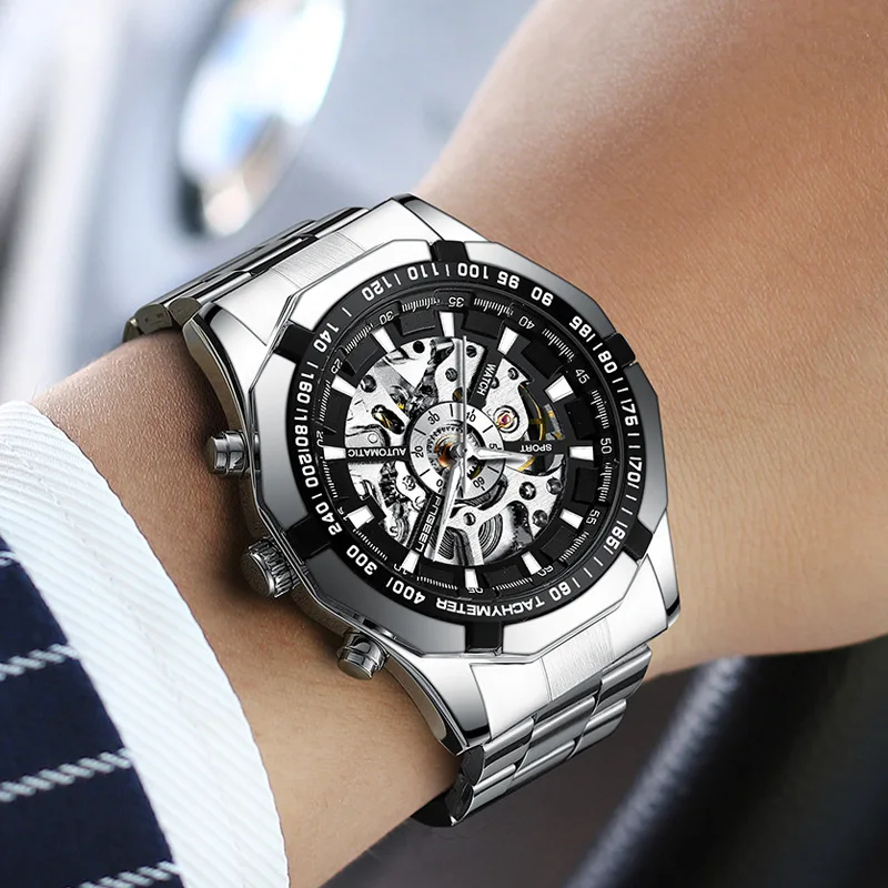 Мужские автоматические механические часы Heren Horloge черный серебристый чехол с