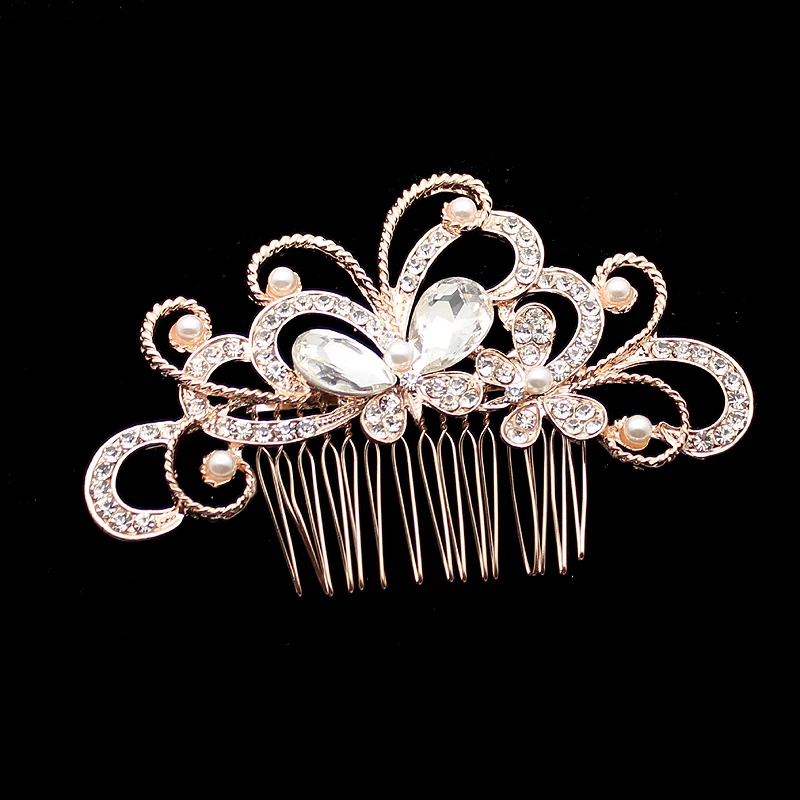 rose gold butterfly Розовый, золотой, розовый головной убор для невесты, цветок, кристалл, жемчуг, свадебные гребни для волос для женщин, невесты, головной убор, аксессуары - Окраска металла: rose gold butterfly