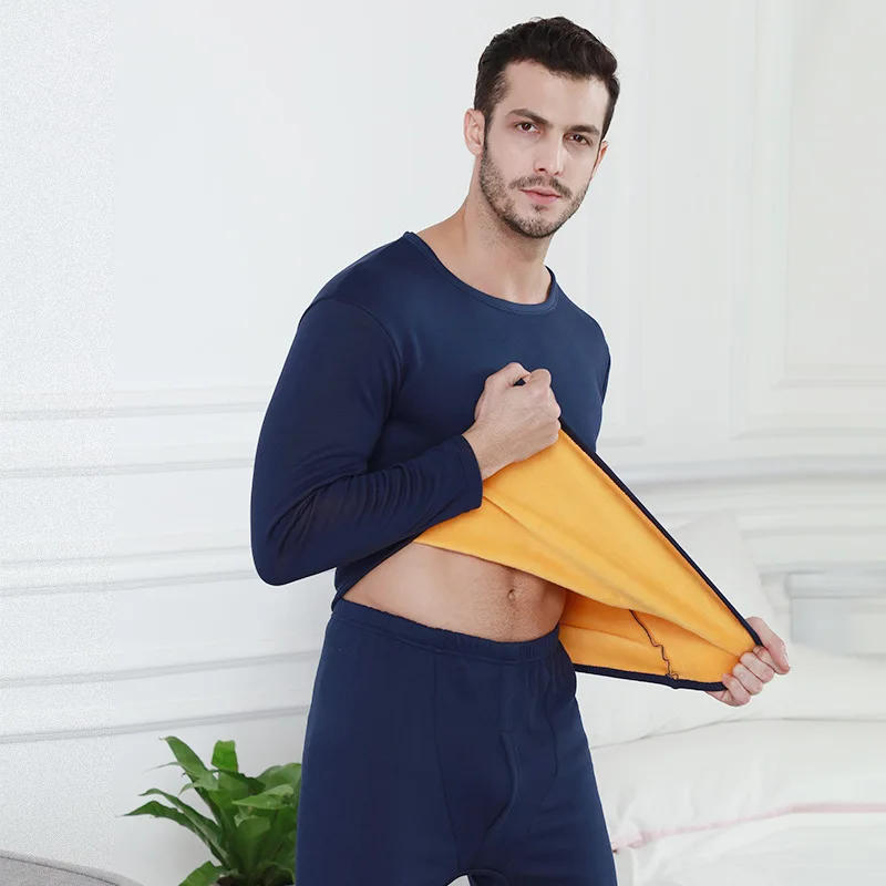 man dark blue Бархатное мужское зимнее термобелье, набор кальсонов для мужчин, теплый топ, длинные кальсоны, термо костюм, флисовый ансамбль, термальное боди - Цвет: man dark blue