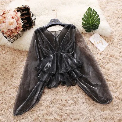 dark grey Cakucool, новинка, Женская кружевная сетчатая блузка, прозрачная, шикарная, Blusas, рубашка с v-образным вырезом, оборками, с длинным рукавом летучая мышь, блузки, защита от солнца, Топ для женщин - Цвет: dark grey
