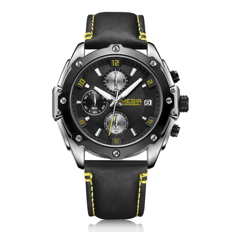 Black yellow MEGIR хронограф мужские часы Relogio Masculino Синие Кожаные Бизнес Кварцевые часы мужские спортивные армейские военные наручные часы - Цвет: Black yellow