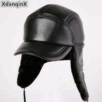xdanqinx genuine leather hat winter mens bomber hats extra thick plus velvet warm sheepskin earmuffs hat winter cap for men