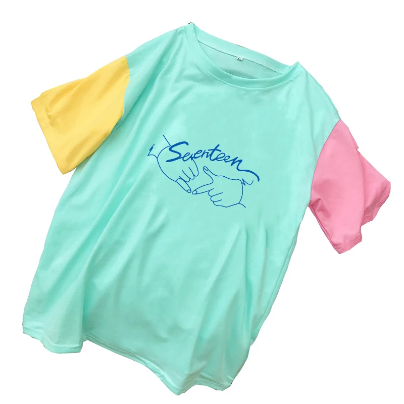 

Seventeen Kpop New Summer Fashion Harajuku Women T Shirts Casual Loose Patchwork Cotton O-neck Short Sleeve Tops Tee Shirt Femme