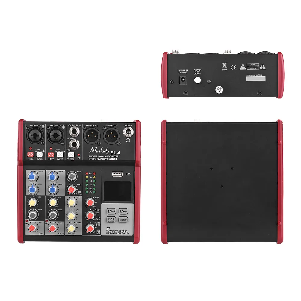 Muslady SL-4 4-канальный микшерный пульт dj микшер 2-полосным эквалайзером встроенный 48V Phantom Мощность поддерживает подключения BT USB MP3 плеер