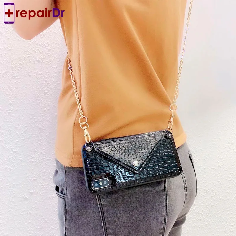 Black Luxury Case For iPhone XR XS Max Credit Card Snake Skin Phone Case For iPhone 6 7 8 Plus Wallet Strap Crossbody Long Chain Cover - Цвет: Black