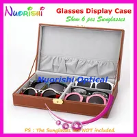 Holding 6pcs Eyewear Sunglasses Eyeglass Glasses Handcraft Black Brown Leather Storage Display Sample Case A639-6S Free Shipping