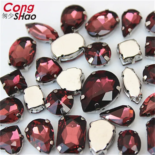 Wine Red Cong Шао 50 шт./упак. Блестящие кристаллы пришить стразы с когтями "сделай сам" разноцветное платье для маленьких детей; камней смесь Форма Стекло для одежды CS1000 - Цвет: Wine Red