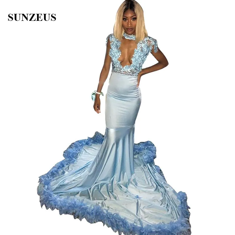 

Pearls Beaded Flowers Prom Dress With High Neck Cap Sleeves Mermaid Party Gowns Light Blue Jersey Women Long Dress Feathers