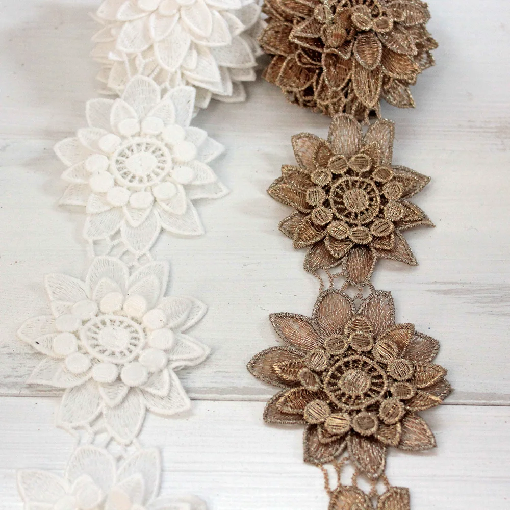 3 Layers 3D Floral Lace Trim Ribbon White Gold Embroidered Water Soluble Sew on Flowers Appliques For Clothing Dress Motifs | Дом и сад