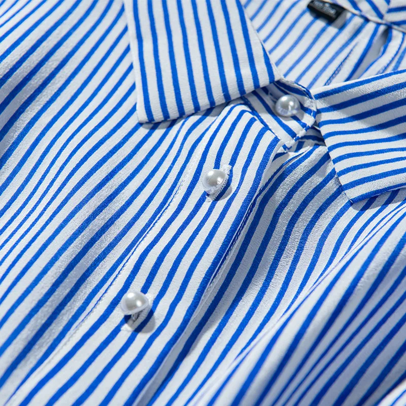 100% Silk Striped Printed New Fashion Womens Half Sleeve Blouses Casual 2 Colors Imitation pearl buckle 2019 |