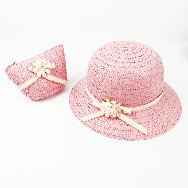 dark pink SUEF/ hot new cute rabbit head children straw hat girl princess hat travel student sunshade beach hat two-piece - Цвет: dark pink