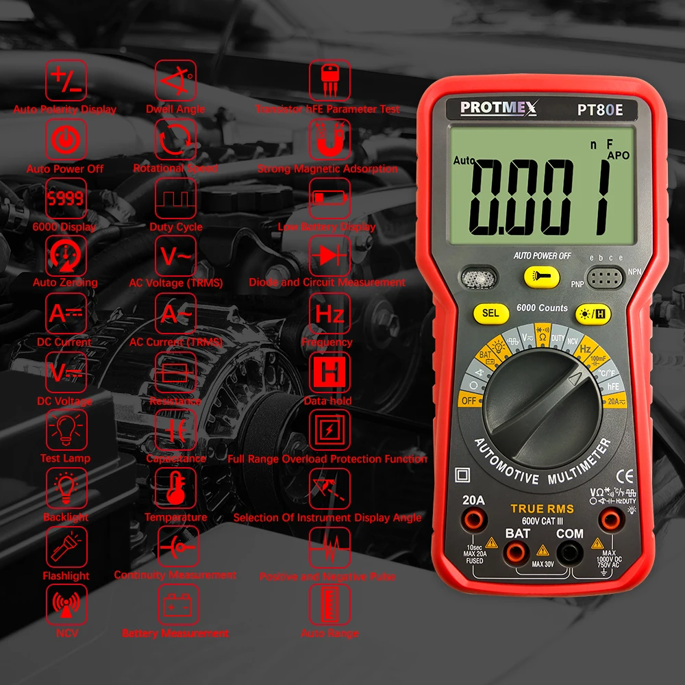 Protmex PT80B/80E 6000 отсчетов Цифровой Авто/ручной автомобильный тестер мультиметр DC/AC напряжение, ток, сопротивление, Емкость Тестер