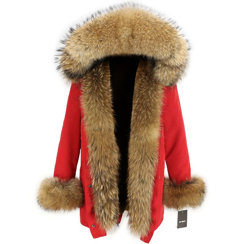 red black natural OFTBUY, пальто с натуральным мехом, зимняя куртка для женщин, натуральный мех енота, капюшон, водонепроницаемая, длинная парка, съемная, уличная одежда, роскошные парки, теплые - Цвет: red black natural