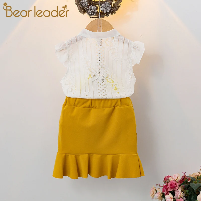 Bear Leader Girls Dress 2021 New Kids Clothing Summer Lace Short-sleeved Top + Lotus Leaf 2pcs suit Children's Clothes Set | Детская