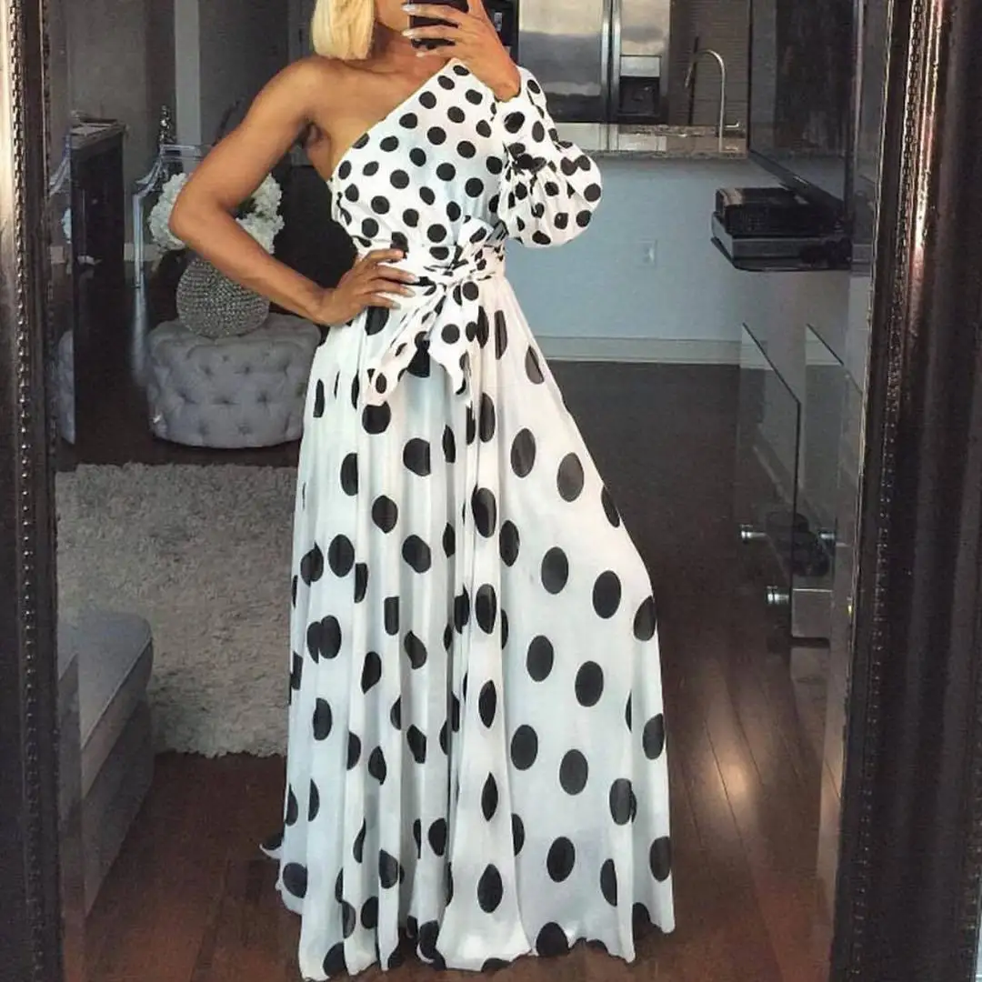 

Women Casual Polka Dot Printed Dress Summer Sexy One Shoulder Long Sleeve Long Maxi Dress Elegant Party Club Sashes Vestidos