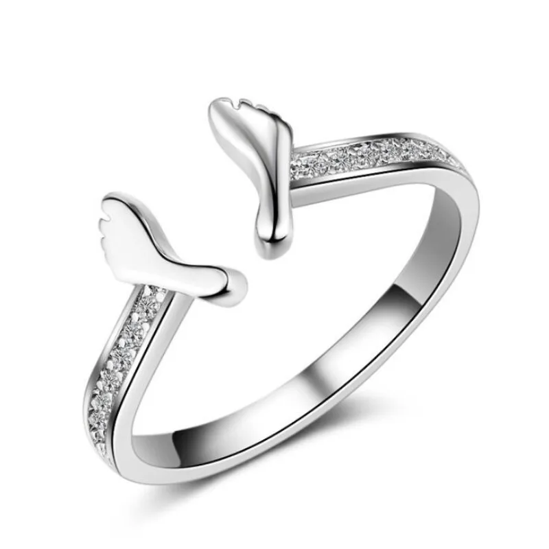 

Beautiful High-quality 925 Sterling Silver Jewelry Female Allergy Opening Adjustable Crystal Small Feet Rings Two colors SR302