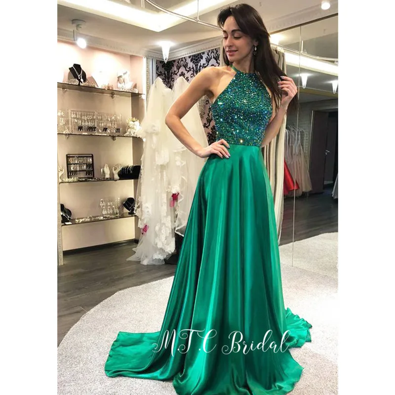 

Sparkly Green Crystals Backless Evening Dress Halter A Line Floor Length Sexy Long Prom Gown 2019 Hot Selling Women Party Dress
