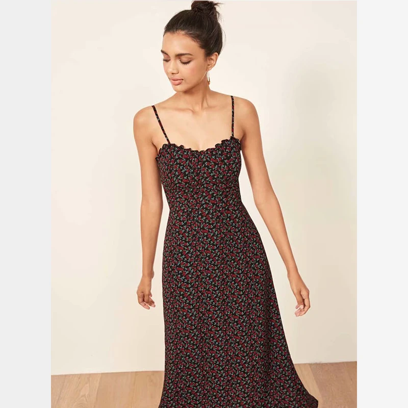 Elegant Vintage split dress chiffon with straps slash neck backless A line slim waist elastic bust summer party dress women