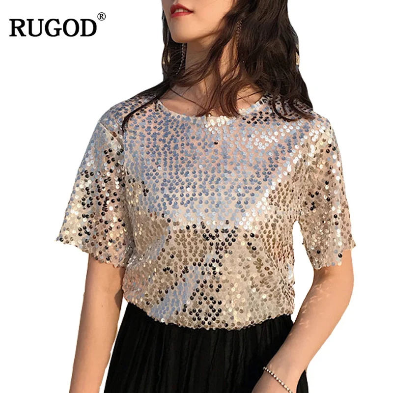 RUGOD Лето 2018 г. блёстки футболка с коротким рукавом для женщин Повседневное