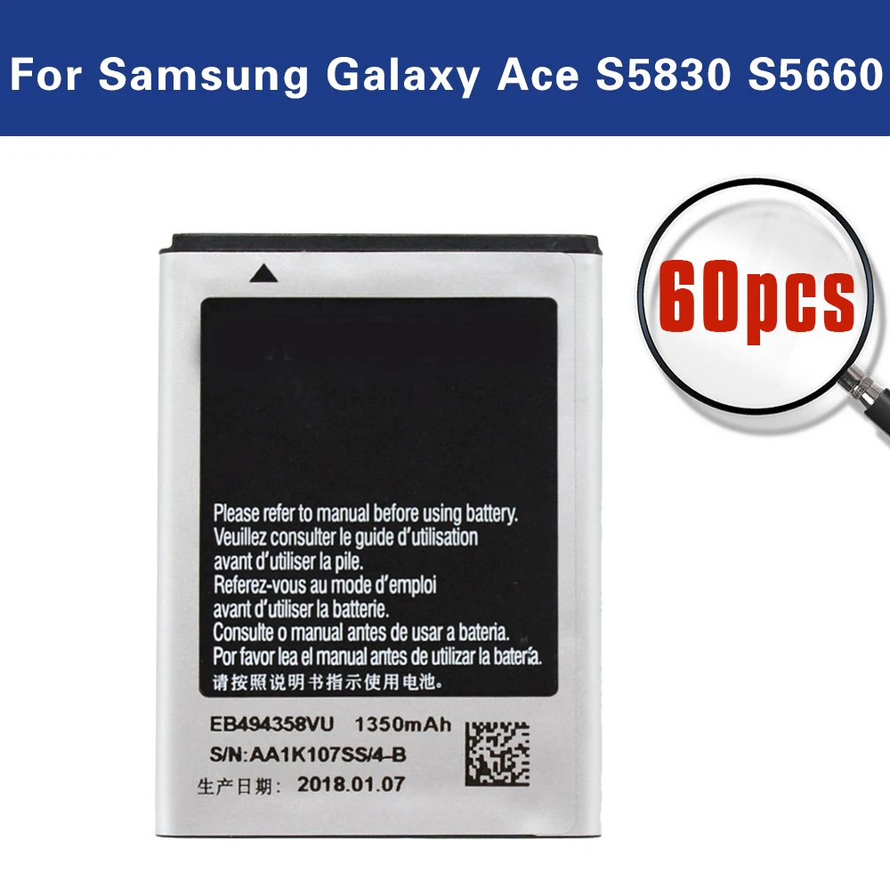 60 шт. аккумуляторы OEM EB494358VU для Samsung Galaxy Ace S5830 S5660 S7250D S5670 i569 I579 GT S6102 S6818 S5839i AAAA +
