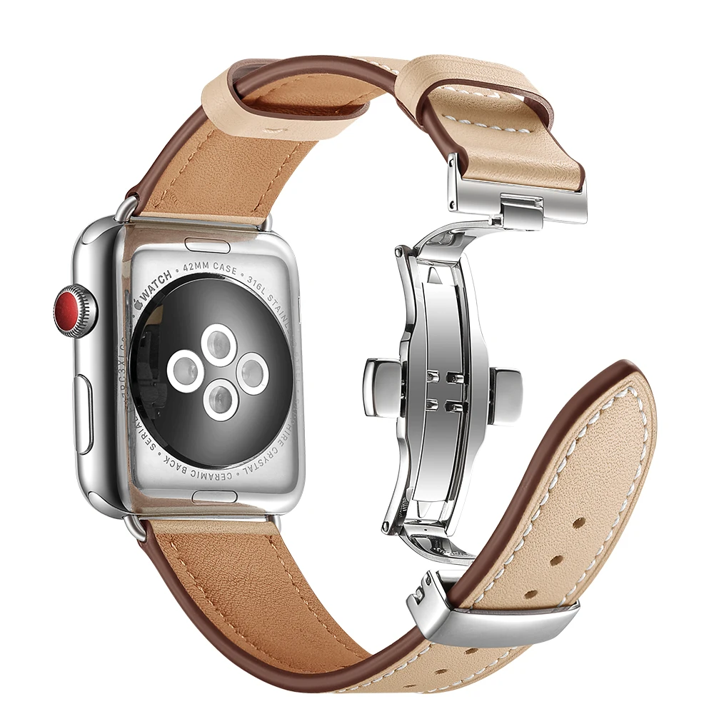 Кожаный ремешок для Apple watch 5 44 мм 40 iwatch 38 42 Бабочка застежка Браслет apple 4 3 2